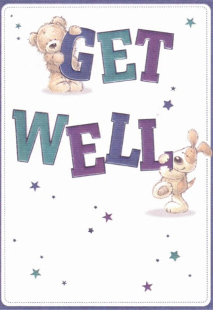 This enchanting get well card conjures an atmosphere of pure kindness-a gentle bear and a sprightly puppy form the focal point, both rendered with expressive brushwork that captures their innocence and loyal friendship. The bear, with its rich brown hues and delightfully rounded form, balances atop the large 'GET' in luminous purple, while the puppy's nose and velvet-soft ears play among the bold 'WELL' below. Scattered across a pristine white backdrop are twinkling stars in blues and purples, echoing the magic found in small gestures of support, like bringing a freshly arranged bouquet to a loved one in Bickley. The hand-drawn letters have a buoyant character, reminiscent of an uplifting melody drifting through the community on a crisp morning. Subtle texture in the illustrations gives the impression of real, touchable fur and playful movement, almost as if the animals could tumble out onto the table beside freshly delivered flowers from a local shop. The card conveys a sense of tactile comfort and gentle humour, just right for sending warm wishes from Bickley's leafy streets to a recovering friend or family member feeling under the weather.